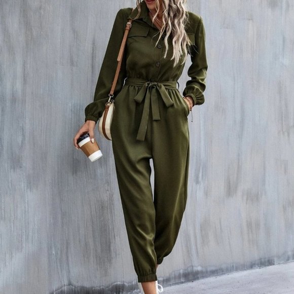 belted jumpsuit casual classic green - Picture 4 of 7